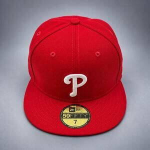 New Era Philadelphia Phillies 59FIFTY Fitted Hat — Red / White - Size 7 (RH-058)